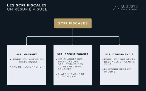 Résumé visuel des SCPI fiscales : SCPI Malraux, SCPI déficit foncier (charges déductibles, plafonnement 10 700€/an), SCPI Denormandie.