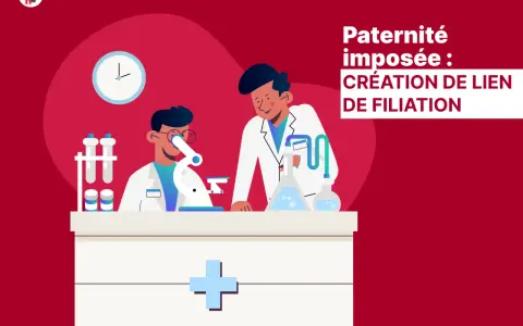 Deux scientifiques travaillent dans un laboratoire. Le texte indique "Paternité imposée : création de lien de filiation". Comment réagir face à cette situation ?