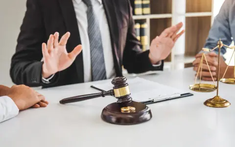 Un avocat explique les démarches pour un papier divorce mairie. Marteau de juge, alliances et balance de la justice sur la table.