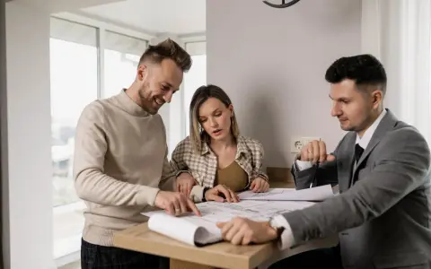 Un couple examine des plans avec un agent immobilier, illustrant l'obligation de l'agent immobilier envers l'acheteur.
