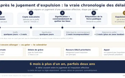 Chronologie des étapes d'une expulsion : jugement, copie exécutoire, commandement, réquisition force publique, expulsion effective. Le délai expulsion occupant sans droit ni titre peut être rallongé.