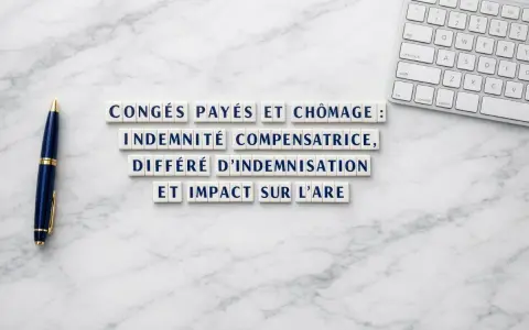 Congés payés non pris, indemnité compensatrice, différé d'indemnisation et impact sur l'ARE. Stylo et clavier sur fond marbre.