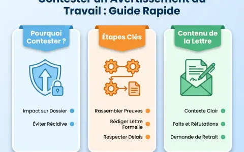 Guide rapide pour contester un avertissement au travail : impact sur dossier, éviter récidive, rassembler preuves, rédiger lettre, respecter délais, contexte clair, faits, réfutations et demande de retrait.