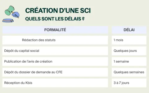 Tableau détaillant les étapes et les délais pour la création d'une SCI. Savoir combien de temps pour créer une SCI est essentiel.
