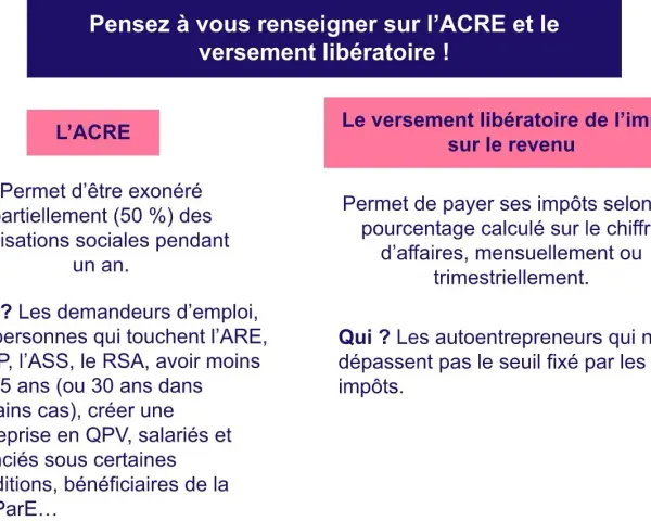 L'ACRE offre une exonération des cotisations sociales. Le versement libératoire permet de payer ses impôts sur le chiffre d'affaires.