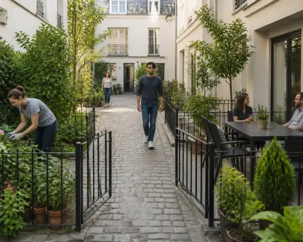 Cour intérieure paisible. Une femme jardine, un homme marche, un couple discute à table. La **servitude non altius tollendi** garantit la vue dégagée.