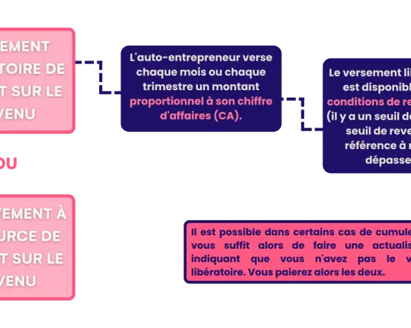 Schéma expliquant le versement libératoire ou le prélèvement à la source pour les micro-entreprises, avec les conditions et la possibilité de cumuler les deux options.