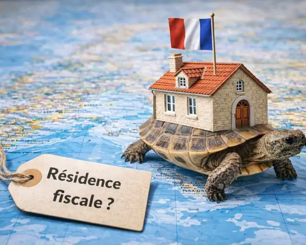 Une tortue porte une maison avec un drapeau français, sur une carte du monde. Une étiquette demande : "Résidence fiscale ?".