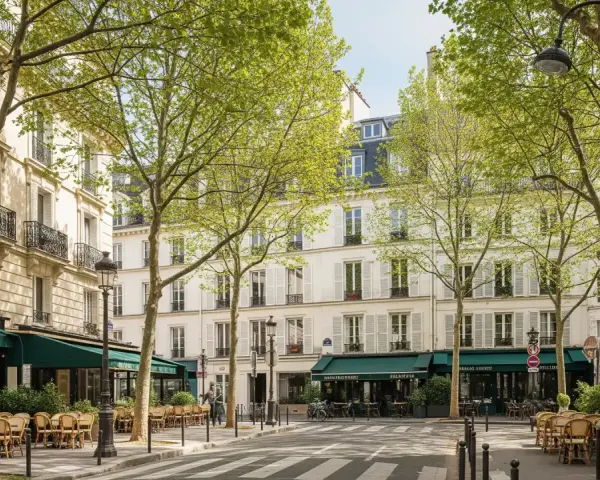 Rue parisienne bordée d'arbres feuillus, immeubles haussmanniens, terrasses de café. Un décor idéal pour rêver à comment acheter un appartement.