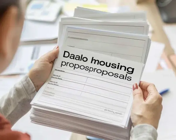 Une personne examine une pile de documents intitulés "Daalo housing proposproposals". Difficile de dire combien de propositions de logement DALO sont incluses.