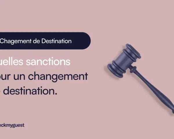 Marteau de juge sur fond rose, avec le texte "Changement de Destination" et "Quelles sanctions pour un changement de destination.