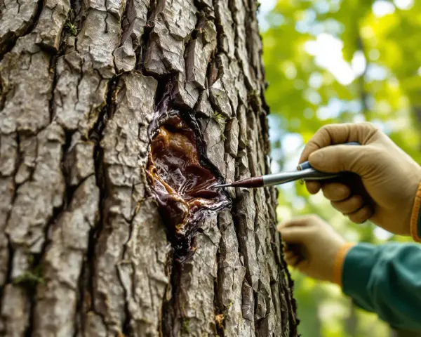 Une main gantée prélève de la résine sur un vieil arbre. Peut-on abattre un arbre de plus de 30 ans ? La nature a ses secrets.