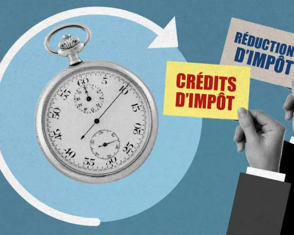 Montre ancienne et cartes "Crédits d'impôt" et "Réductions d'impôt". L'acompte prélèvement à la source, une question de temps.