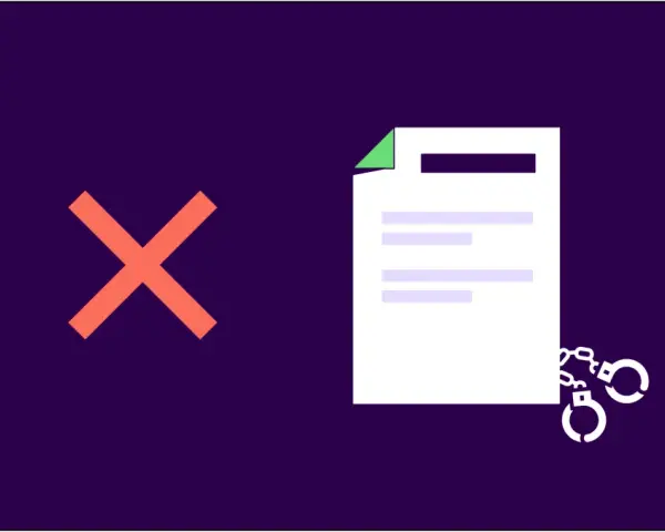 Une croix rouge et des menottes sur un document symbolisent la preuve de travail dissimulé et ses conséquences.