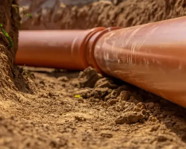 Gros plan sur une canalisation orange dans une tranchée. La servitude de canalisation enterrée est en cours d'installation, prête à être recouverte de terre.