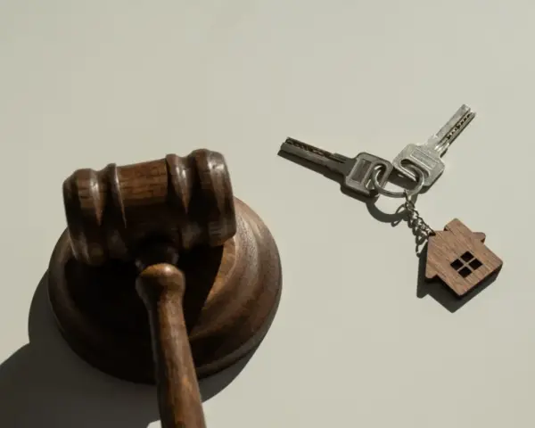 Marteau de juge et clés avec un porte-clés en forme de maison, symbolisant la nouvelle loi sur l'expulsion logement.