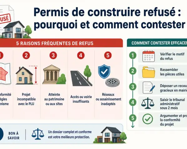 Permis de construire refusé : 5 raisons et comment contester. Déposer un recours administratif en mairie sous 3 mois est possible.