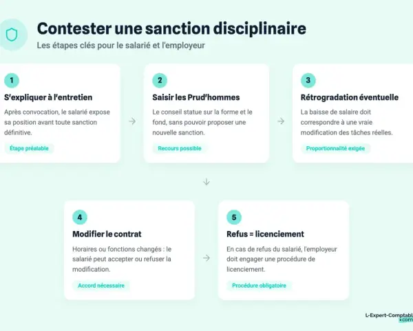 Infographie expliquant les étapes pour contester une sanction disciplinaire : entretien, Prud'hommes, rétrogradation, modification de contrat, licenciement.