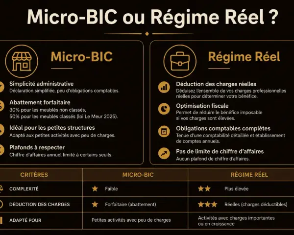 Comparaison entre le micro-BIC et le régime réel pour les entreprises. Le micro-BIC offre simplicité et forfait, idéal pour les petites structures. Le régime réel permet déduction des charges réelles.