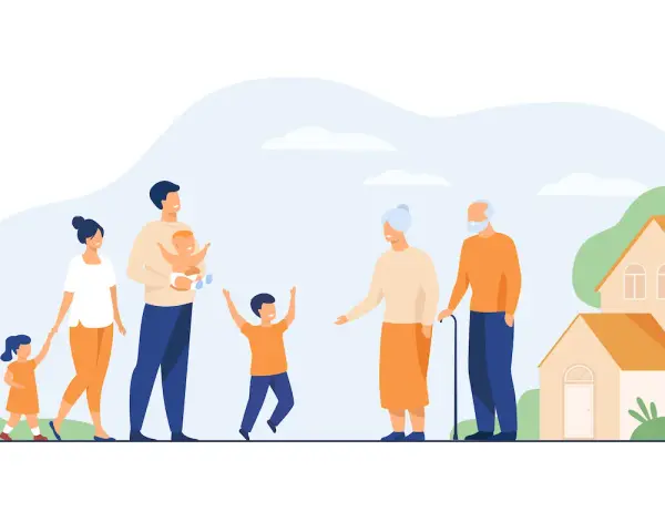 Une famille réunie devant une maison, évoquant une simulation de droit de donation.