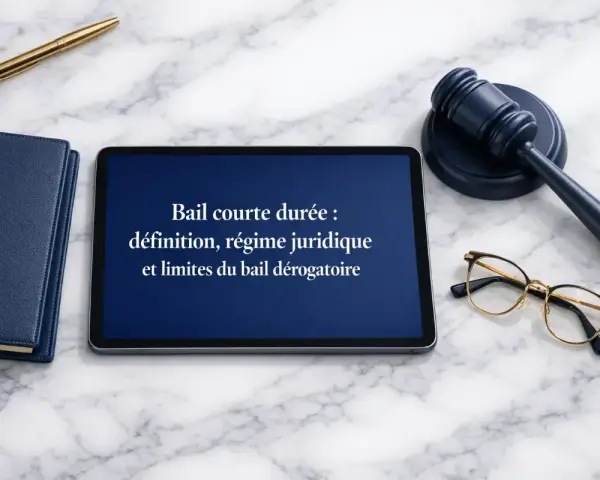 Tablette affichant "Bail courte durée : définition, régime juridique et limites du bail dérogatoire". Un marteau de juge, des lunettes et un stylo sont à proximité.