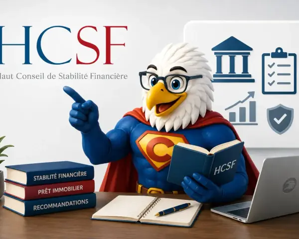 Super-aigle HCSF, gardien de la stabilité financière, lit un livre sur le crédit immobilier.