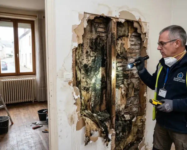 Expertise immobilière inspecte un mur dégradé par l'humidité, révélant des moisissures. Ce cas pourrait relever de la jurisprudence vice caché maison.