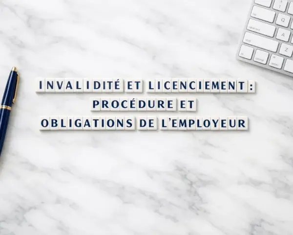 Invalidité et licenciement : procédure et obligations de l'employeur". Stylo et clavier sur fond marbre.