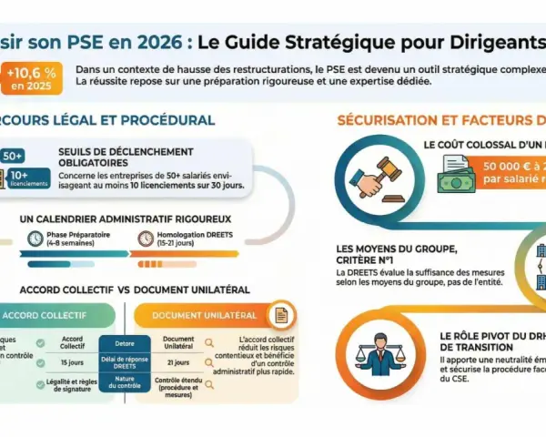 Infographie sur le PSE : parcours légal, seuils, calendrier, accord collectif vs document unilatéral, sécurisation, coût d'annulation, rôle du DRH. Évite le refus inspection travail licenciement salarié protégé.