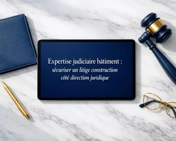 Marteau de juge, lunettes, stylo doré et tablette affichant "Expertise judiciaire bâtiment : sécuriser un litige construction côté direction juridique".