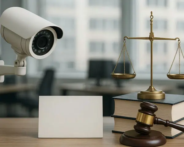 Caméra de surveillance, balance de la justice et marteau d'avocat sur un bureau. La jurisprudence en matière de caméra surveillance travail est complexe.