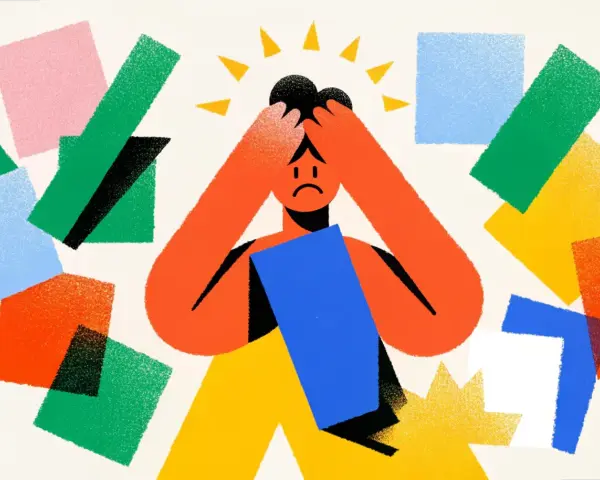 Personne accablée par des formes colorées, symbolisant le burn out fonction publique. Mains sur la tête, visage triste.