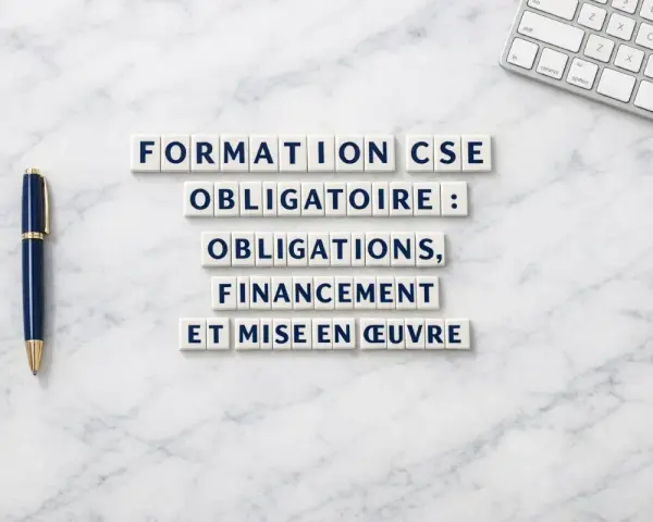 Formation CSE obligatoire : obligations, financement et mise en œuvre. Un stylo bleu et un clavier sur fond marbre.