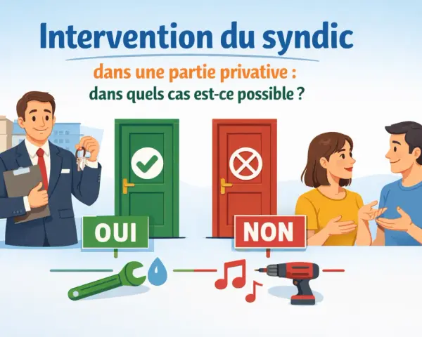 Un syndic avec des clés devant une porte verte "OUI" et une porte rouge "NON". Illustration sur l'intervention du syndic dans une partie privative.