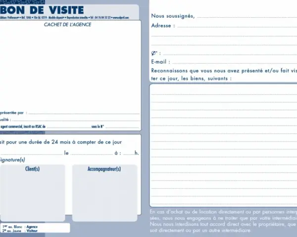 Bon de visite immobilier pour enregistrer les biens présentés. Ce document sert de preuve de visite.