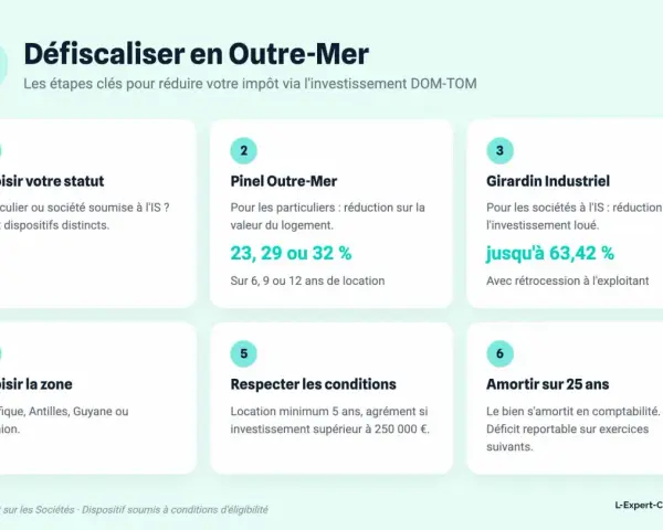 Étapes pour défiscaliser en Outre-Mer : choisir statut, Pinel, Girardin Industriel pour sociétés, zone, conditions, amortissement. L'investissement Girardin Industriel offre une réduction d'impôt.
