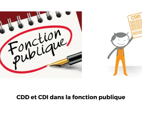 Illustration sur le CDI et CDD dans la fonction publique, avec un carnet "Fonction publique" et un personnage tenant un CDD.