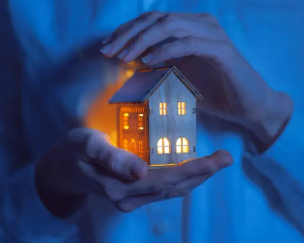 Mains tenant une maisonnette illuminée, symbolisant la jurisprudence logement de fonction et la protection du foyer.