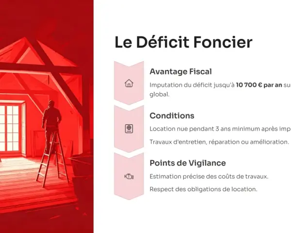 Travaux dans un grenier rougeoyant, avec des ouvriers sur des échelles. Le texte explique le déficit foncier, avec une imputation jusqu'à 10 700 € par an sur le revenu global.