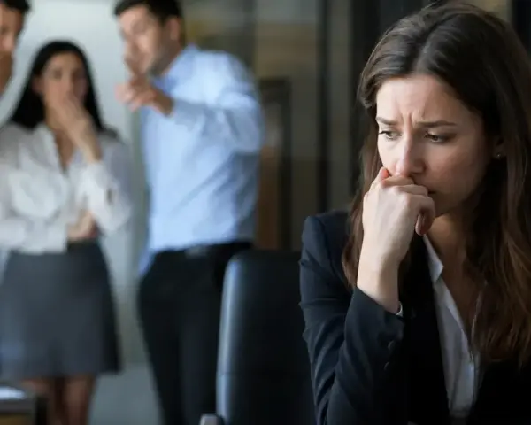 Une femme est visiblement affectée par des commérages au bureau, mon ancien employeur nuit à ma réputation.