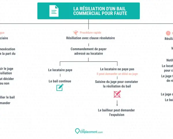 Schéma expliquant la résiliation d'un bail commercial pour faute, détaillant les procédures longue, rapide et risquée, ainsi que les droits du locataire et du bailleur.