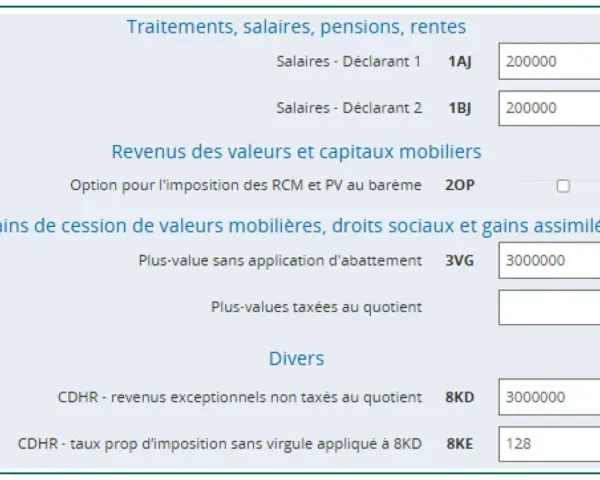 Exemple de revenus exceptionnels : 3000000€ déclarés pour les plus-values sans abattement et 3000000€ pour les revenus exceptionnels non taxés au quotient.