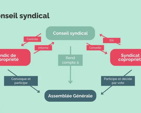 Schéma illustrant le rôle du conseil syndical : il contrôle le syndic de copropriété, le conseille, et rend compte à l'assemblée générale. La responsabilité du syndic est centrale.