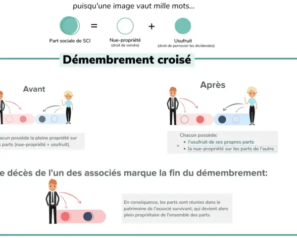 Schéma expliquant le démembrement croisé de parts de SCI. Avant, chacun possède la pleine propriété. Après, l'usufruit et la nue-propriété sont séparés.