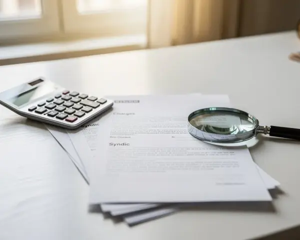 Calculatrice et loupe sur des documents pour contester charges de copropriété.