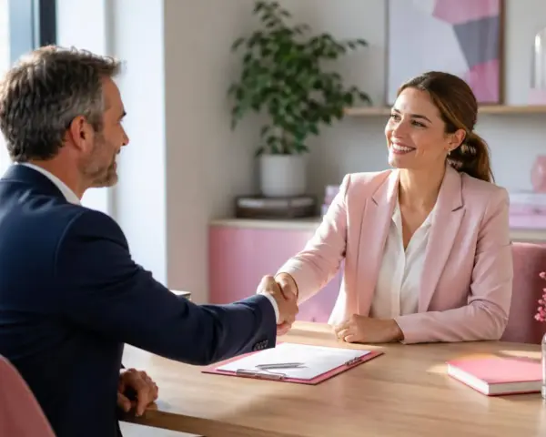 Un homme et une femme se serrent la main, souriants, autour d'un document. Une étape clé dans la procédure rupture conventionnelle salarié protégé.