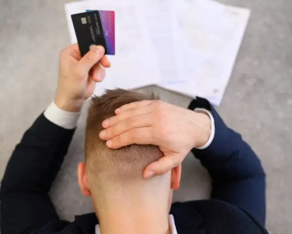 Homme stressé tenant des cartes bancaires, face à des documents. Il pense à l'effacement des dettes et aux loyers impayés.