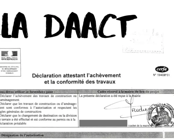 Formulaire de déclaration attestant l'achèvement et la conformité des travaux, nécessaire pour le transfert de permis de construire.