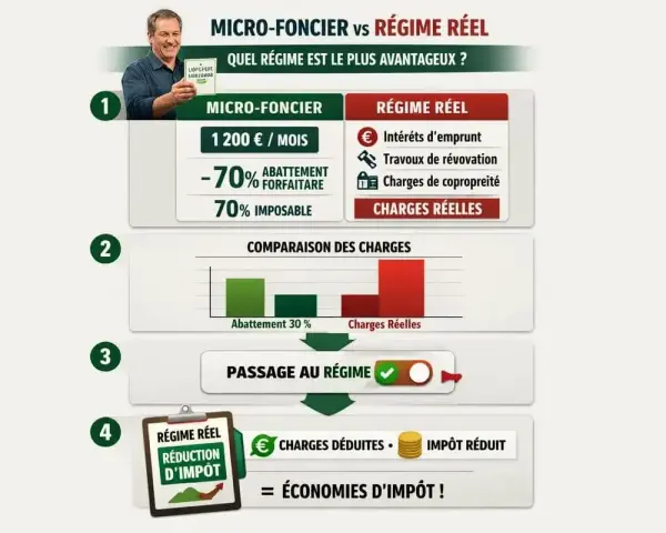 Infographie comparant le micro-foncier et le régime réel pour un exemple de revenu foncier. Elle montre les avantages du régime réel pour réduire l'impôt.