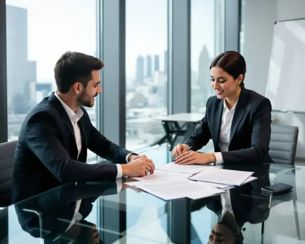 Un homme et une femme en costume discutent de documents. Ils semblent discuter de le piège du licenciement pour inaptitude.